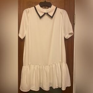 J INC Women’s Short Sleeve Creme Babydoll Dress Pointed Black Trim Color Size M